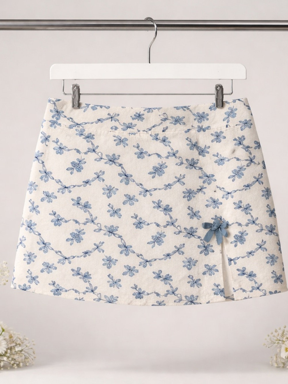 Motel Rocks White Mini Skirt with Blue Floral Print